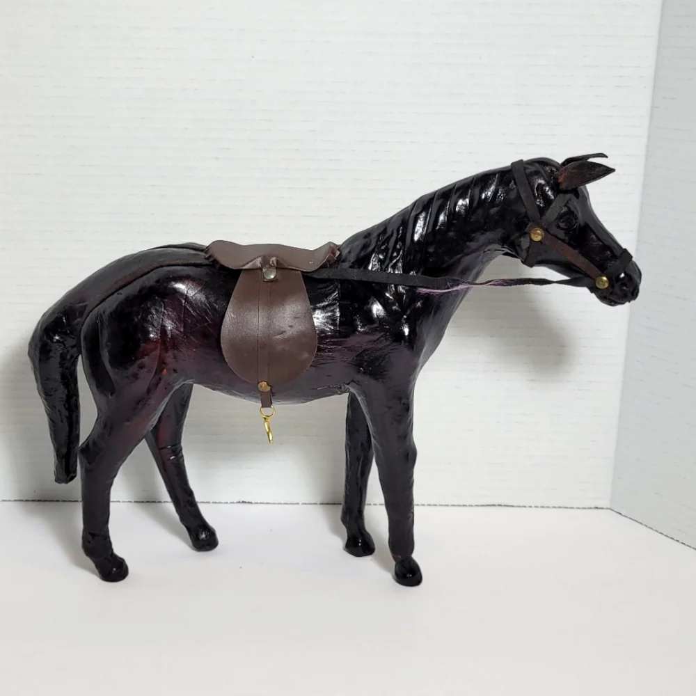 Vintage Brown Leather Wrapped Horse Statue Figure With Saddle - Picture 3 of 12